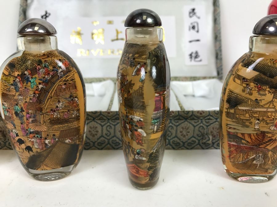 Set Of 4 Chinese Snuff Bottles Reverse Painted Riverscene River Scene In Box [Photo 16]