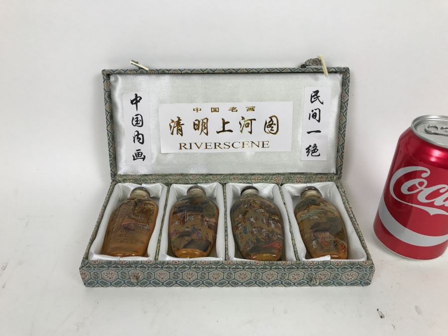 Set Of 4 Chinese Snuff Bottles Reverse Painted Riverscene River Scene In Box [Photo 3]