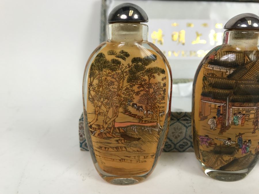 Set Of 4 Chinese Snuff Bottles Reverse Painted Riverscene River Scene In Box [Photo 7]