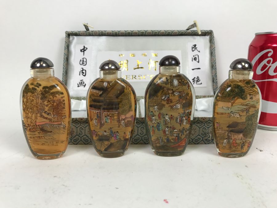 Set Of 4 Chinese Snuff Bottles Reverse Painted Riverscene River Scene In Box [Photo 1]