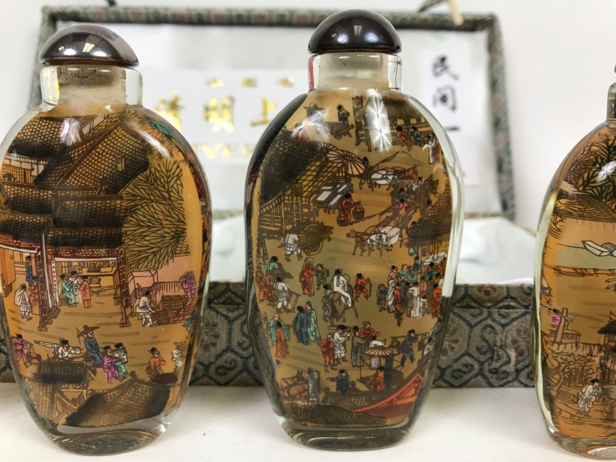 Set Of 4 Chinese Snuff Bottles Reverse Painted Riverscene River Scene In Box [Photo 9]