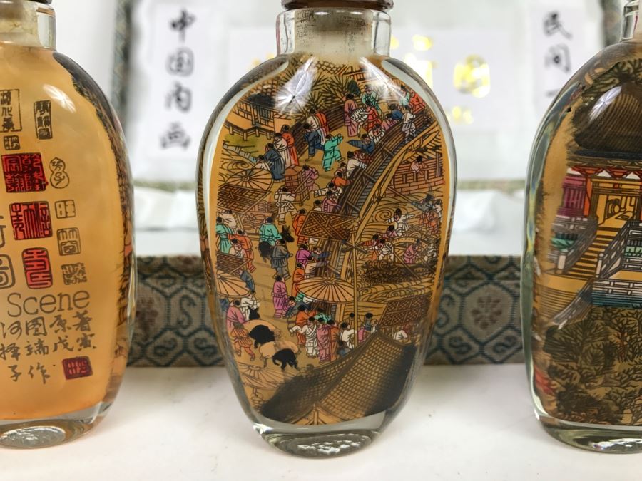 Set Of 4 Chinese Snuff Bottles Reverse Painted Riverscene River Scene In Box [Photo 13]