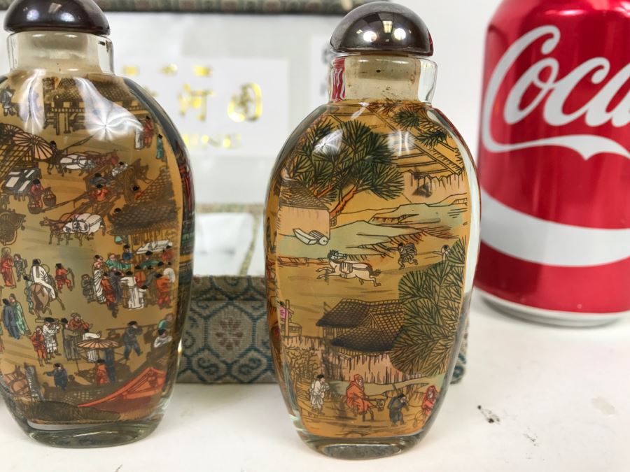 Set Of 4 Chinese Snuff Bottles Reverse Painted Riverscene River Scene In Box [Photo 10]