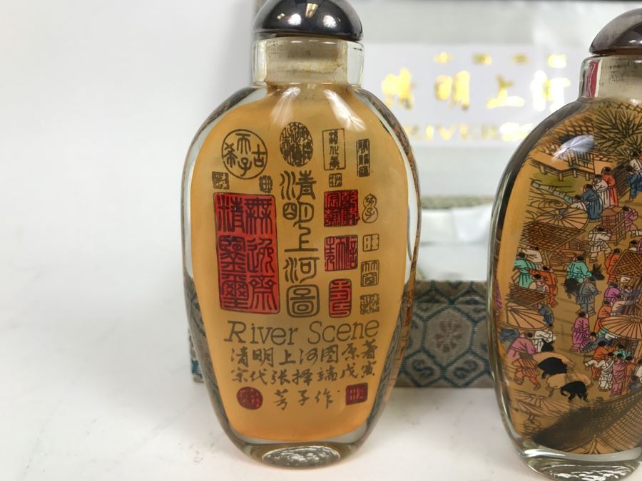 Set Of 4 Chinese Snuff Bottles Reverse Painted Riverscene River Scene In Box [Photo 11]