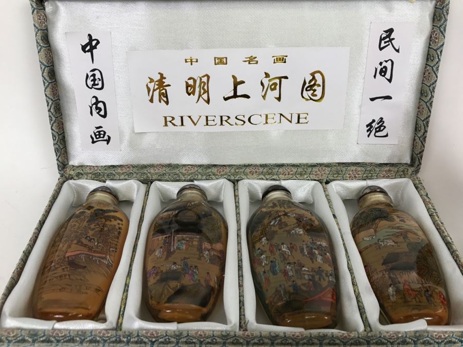 Set Of 4 Chinese Snuff Bottles Reverse Painted Riverscene River Scene In Box [Photo 4]