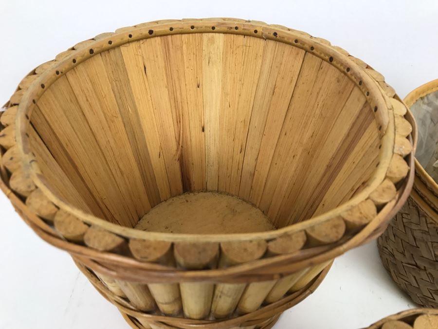 Pair Of Bamboo Baskets Plus Woven Waste Baskets