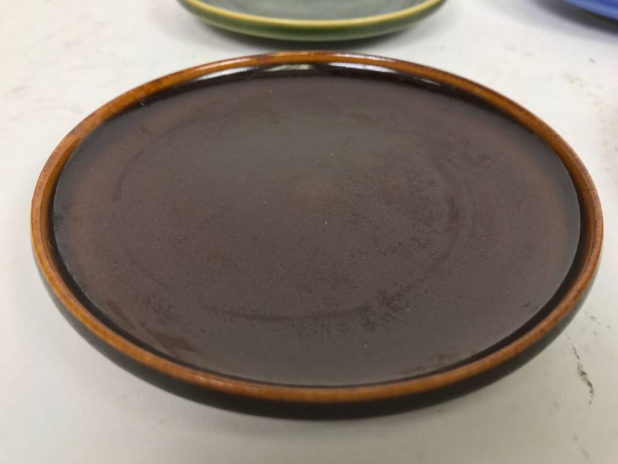 Set Of 4 Asian Colored Glazed Pottery Plates Signed  [Photo 3]