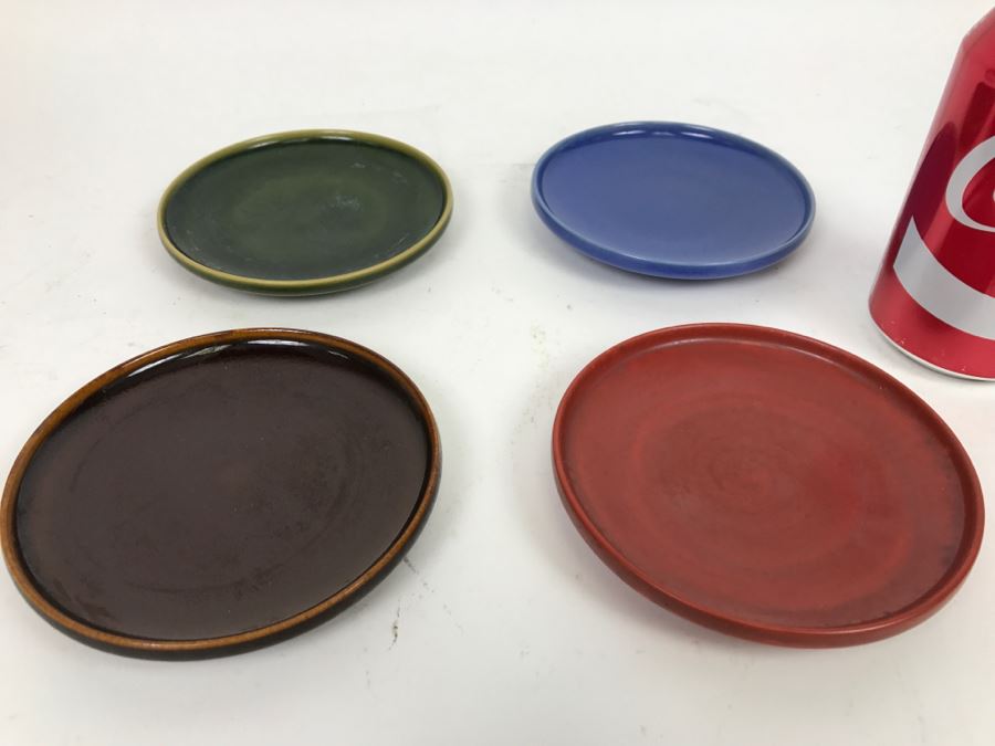 Set Of 4 Asian Colored Glazed Pottery Plates Signed 