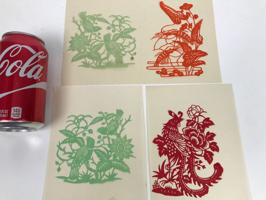 Set Of 4 Asian Paper Cut Artwork Pieces