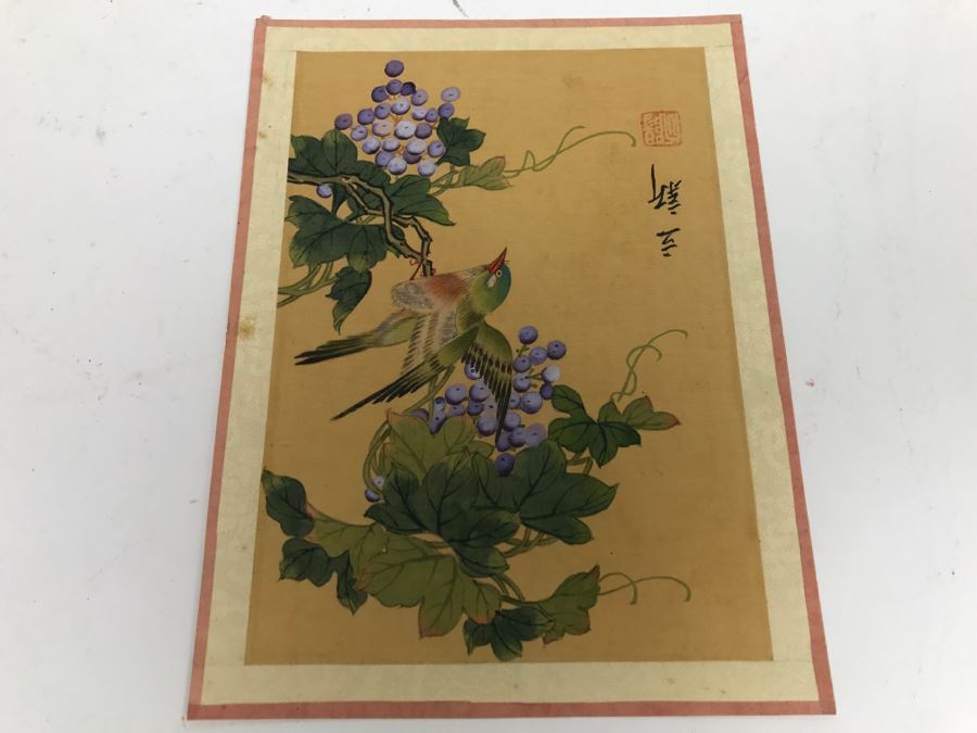 Original Signed Chinese Silk Painting Bird And Floral Motif
