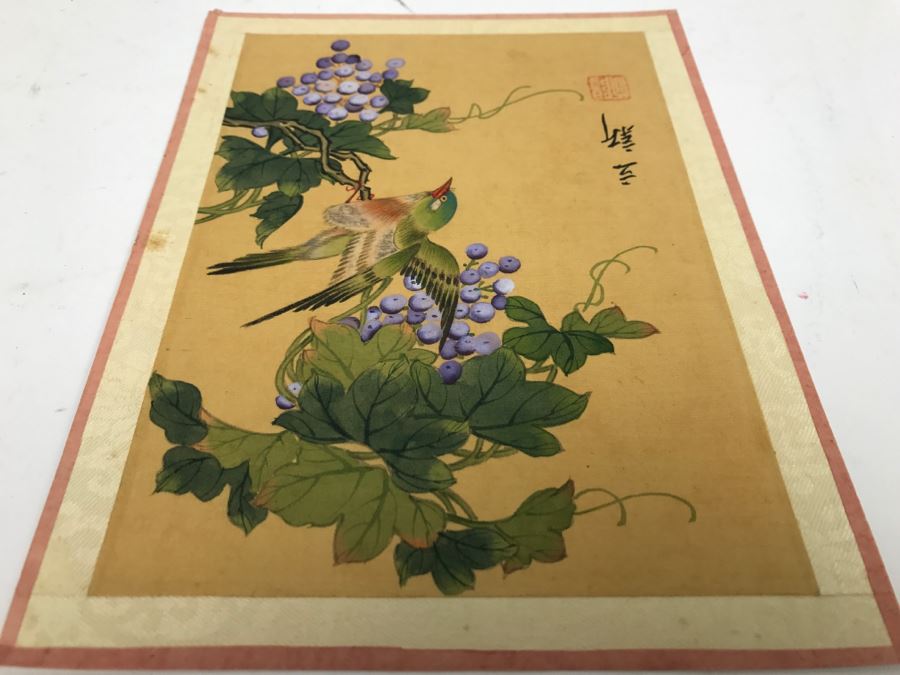 Original Signed Chinese Silk Painting Bird And Floral Motif [Photo 3]