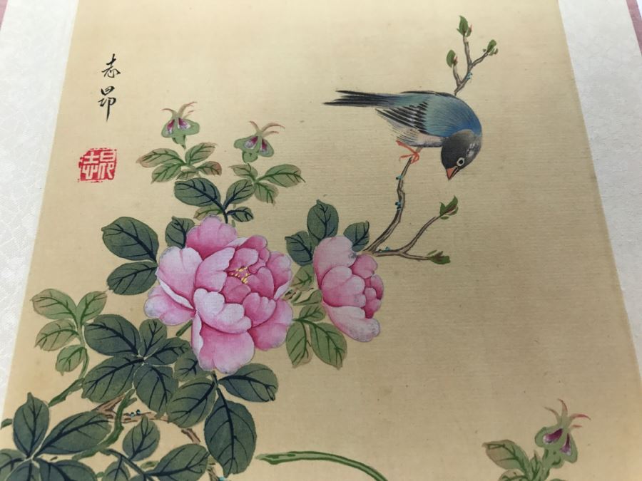 Original Signed Chinese Silk Painting Bird And Floral Motif [Photo 4]