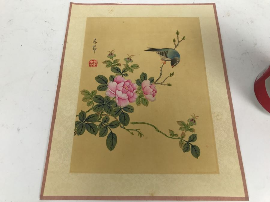 Original Signed Chinese Silk Painting Bird And Floral Motif [Photo 3]