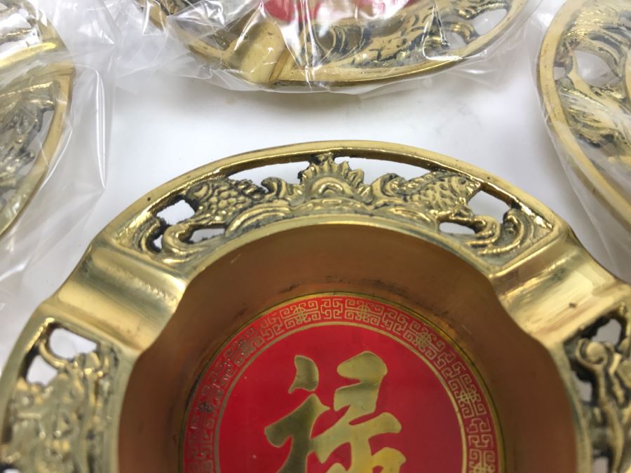 Set Of 4 Vintage Brass Chinese Ashtrays In Original Box [Photo 9]