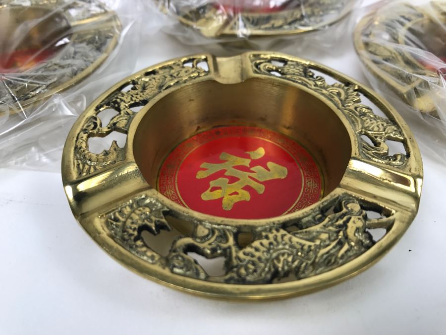Set Of 4 Vintage Brass Chinese Ashtrays In Original Box [Photo 10]