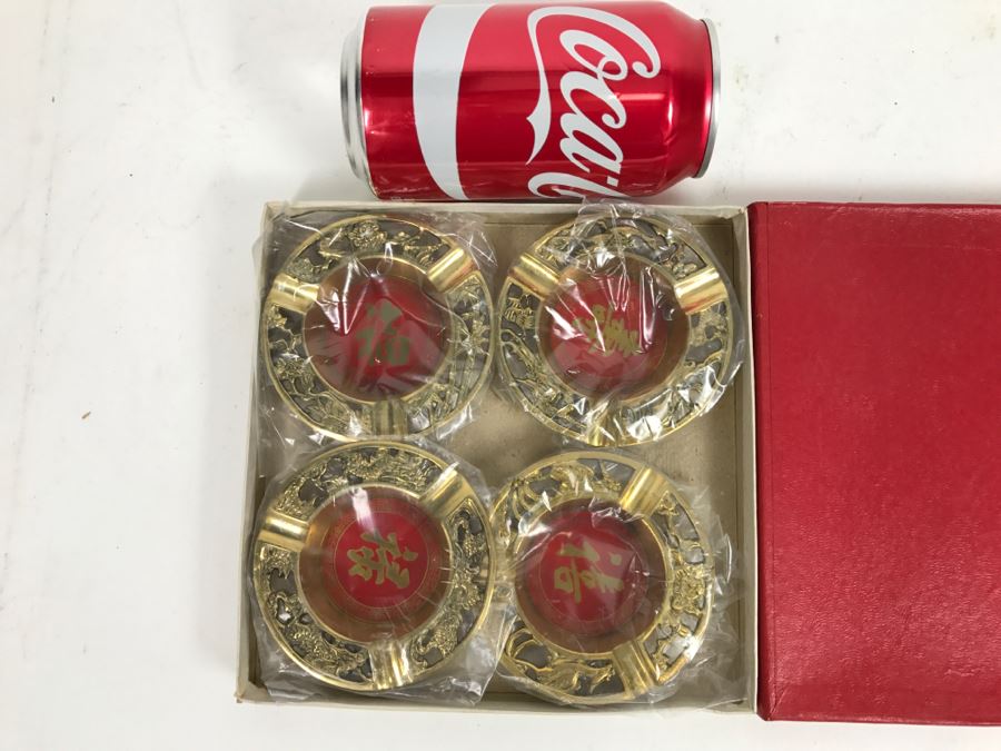 Set Of 4 Vintage Brass Chinese Ashtrays In Original Box [Photo 3]