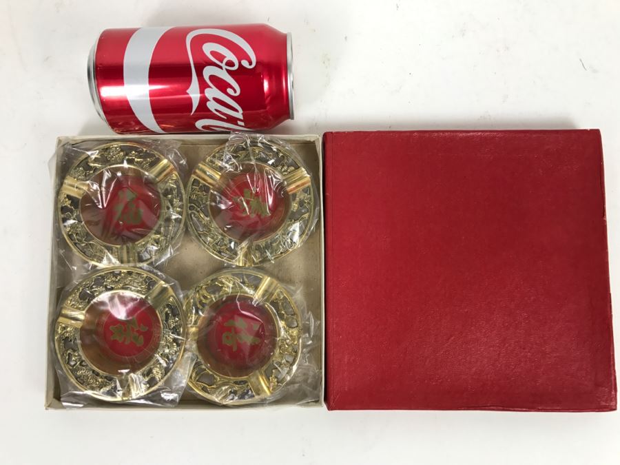 Set Of 4 Vintage Brass Chinese Ashtrays In Original Box [Photo 2]