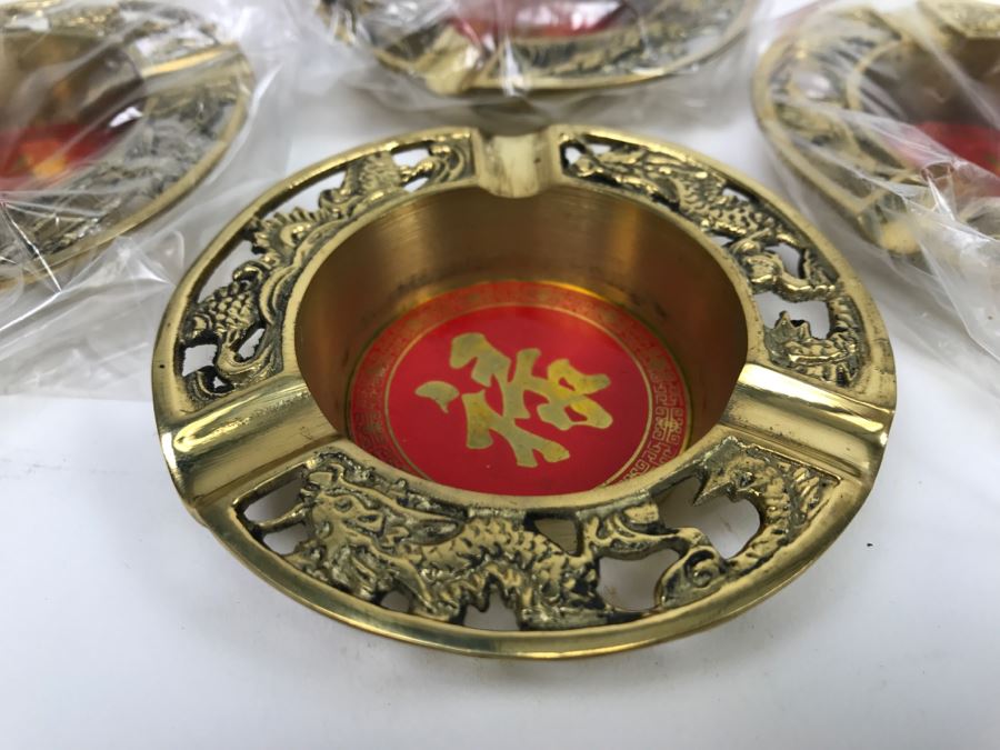 Set Of 4 Vintage Brass Chinese Ashtrays In Original Box [Photo 8]