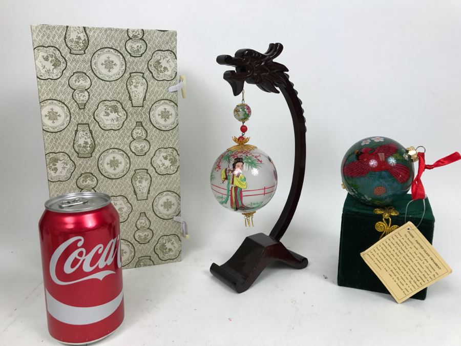 Reverse Painted Asian Glass Ball With Stand And Original Box Plus Reverse Painted Ornament With Box