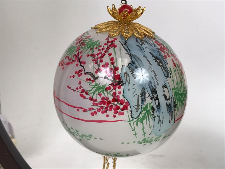 Reverse Painted Asian Glass Ball With Stand And Original Box Plus Reverse Painted Ornament With Box [Photo 9]