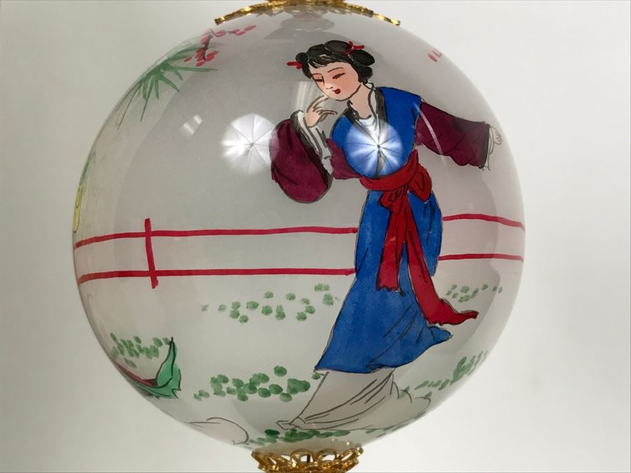 Reverse Painted Asian Glass Ball With Stand And Original Box Plus Reverse Painted Ornament With Box [Photo 7]