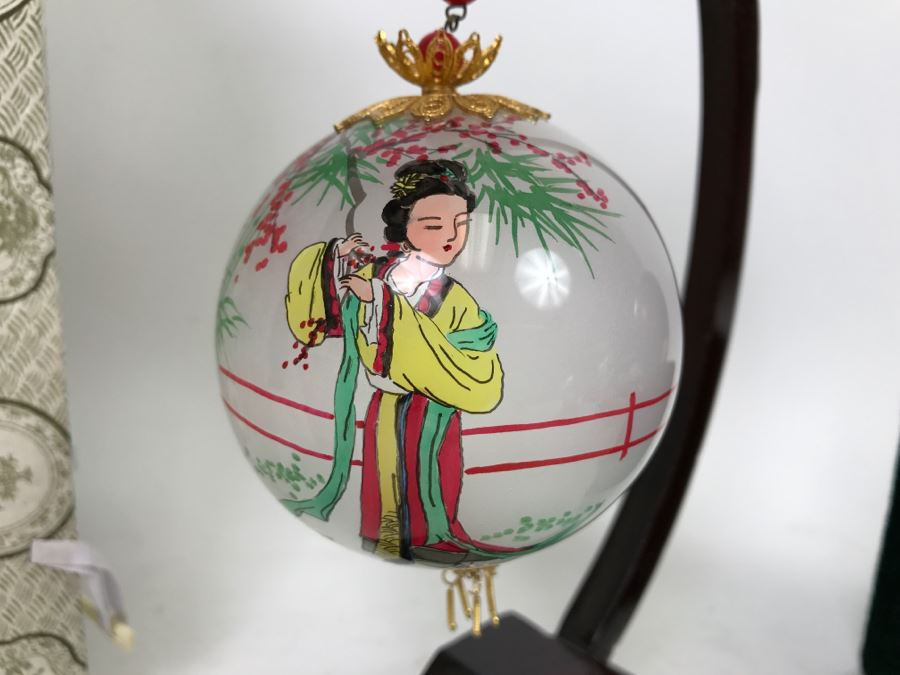 Reverse Painted Asian Glass Ball With Stand And Original Box Plus Reverse Painted Ornament With Box [Photo 3]