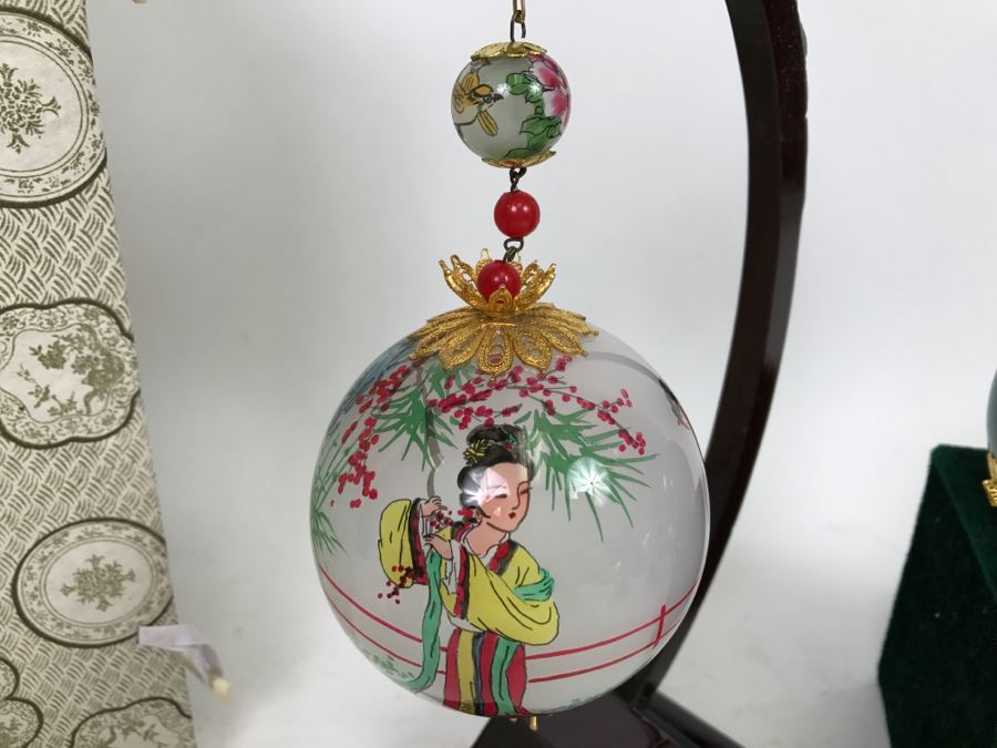 Reverse Painted Asian Glass Ball With Stand And Original Box Plus Reverse Painted Ornament With Box [Photo 2]