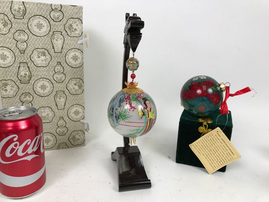 Reverse Painted Asian Glass Ball With Stand And Original Box Plus Reverse Painted Ornament With Box [Photo 12]