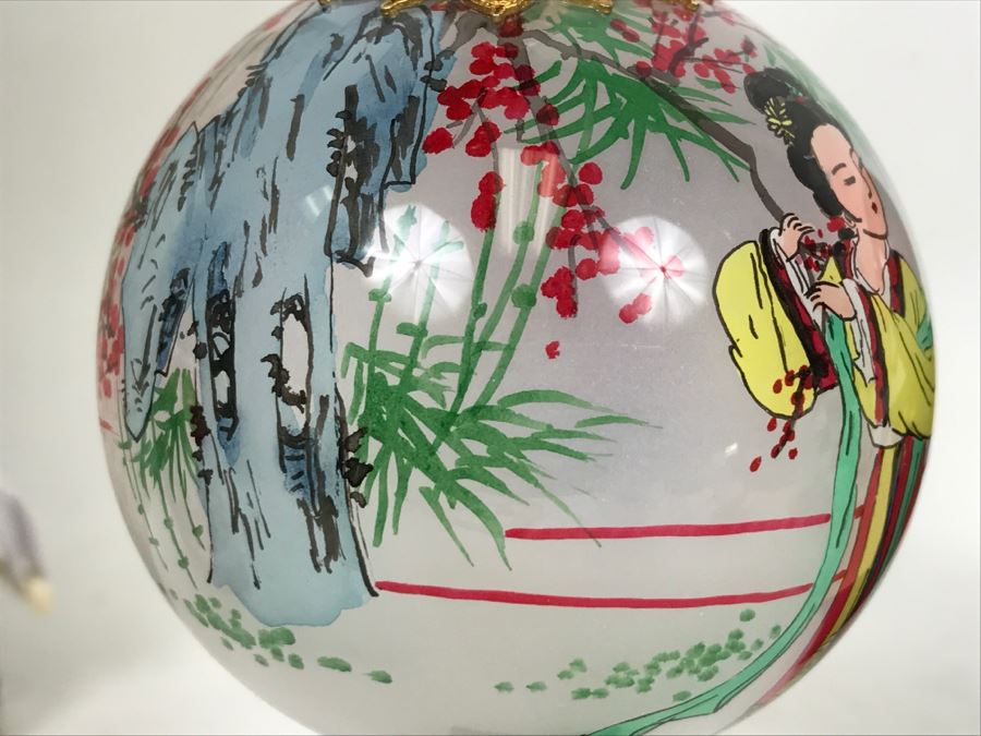 Reverse Painted Asian Glass Ball With Stand And Original Box Plus Reverse Painted Ornament With Box [Photo 11]