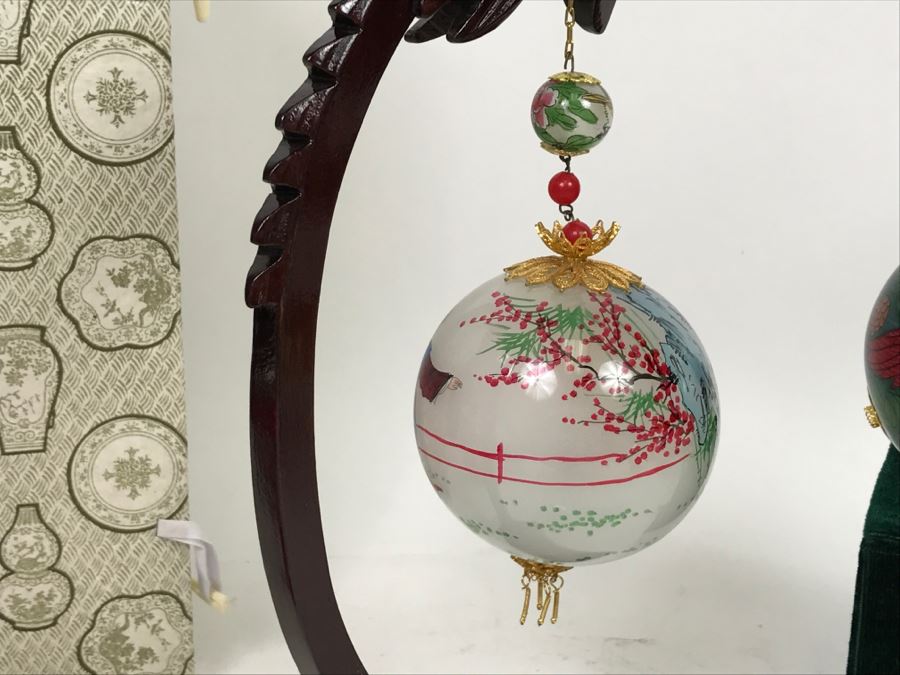 Reverse Painted Asian Glass Ball With Stand And Original Box Plus Reverse Painted Ornament With Box [Photo 8]