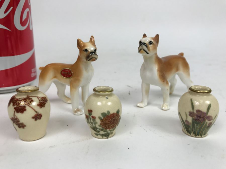 Set Of 3 Miniature Japanese Vases Plus Pair Of Bone China Japanese Boxer Dog Figurines