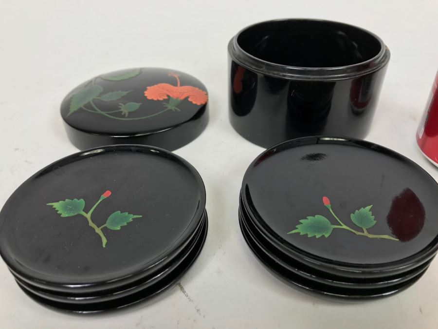 Set Of Bembo Japanese Lacquer Coasters Hibiscus With Lacquer Storage Case By Ryukyu Lauquer Ware Co. [Photo 9]