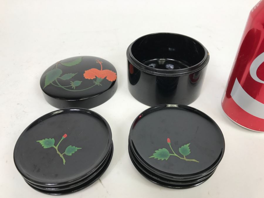 Set Of Bembo Japanese Lacquer Coasters Hibiscus With Lacquer Storage Case By Ryukyu Lauquer Ware Co.