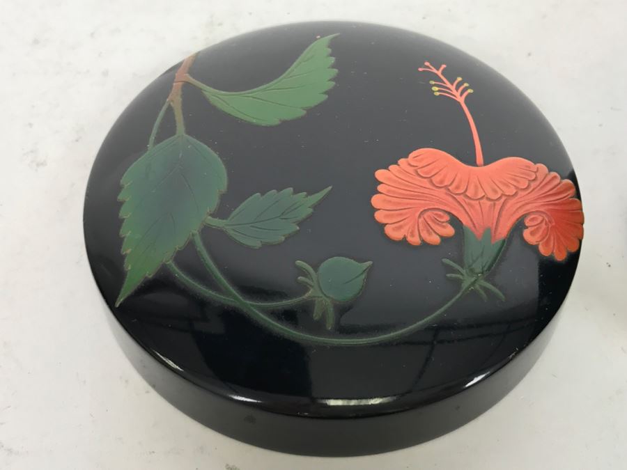 Set Of Bembo Japanese Lacquer Coasters Hibiscus With Lacquer Storage Case By Ryukyu Lauquer Ware Co. [Photo 14]