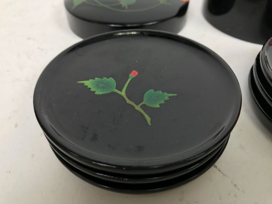 Set Of Bembo Japanese Lacquer Coasters Hibiscus With Lacquer Storage Case By Ryukyu Lauquer Ware Co. [Photo 10]