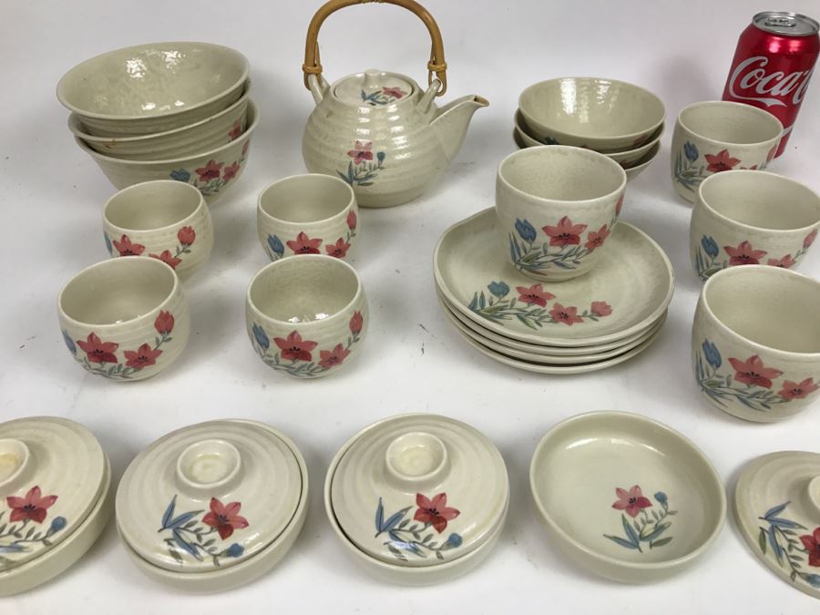 Vintage ~28 Piece Japanese Hand Painted White Glaze Pottery Signed China Tea Set [Photo 2]