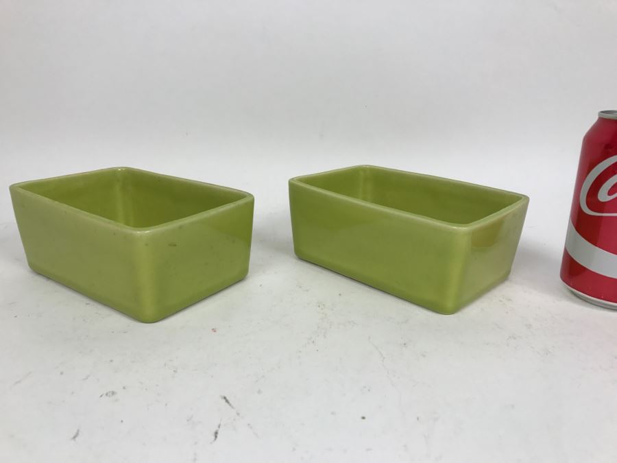 Pair Of Signed Asian Lime Green Glaze Planters