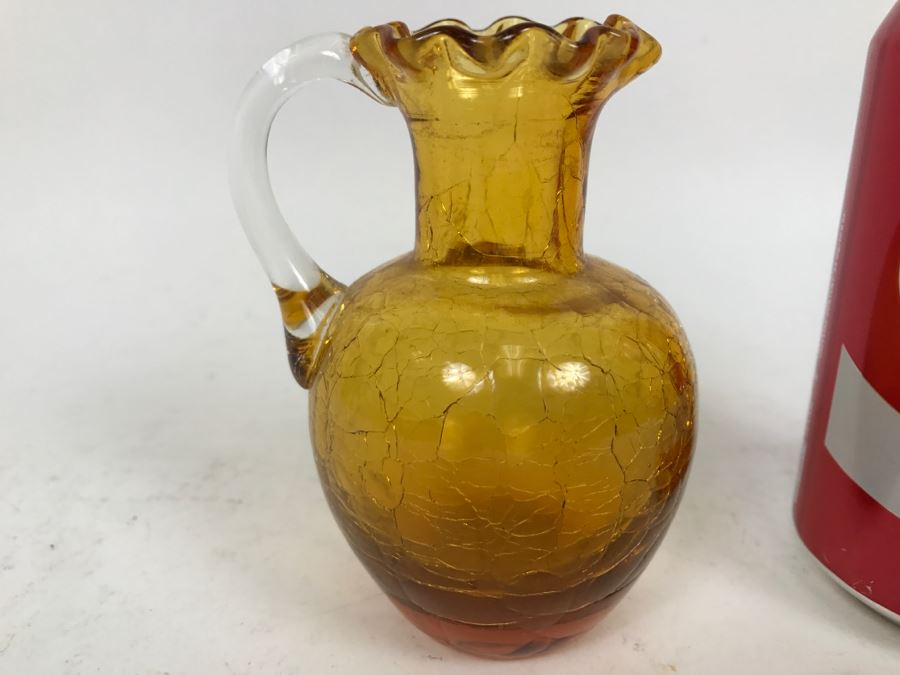 Small Amber Crackle Glass Pitcher With Fluted Rim Art Glass Possibly Japanese [Photo 2]