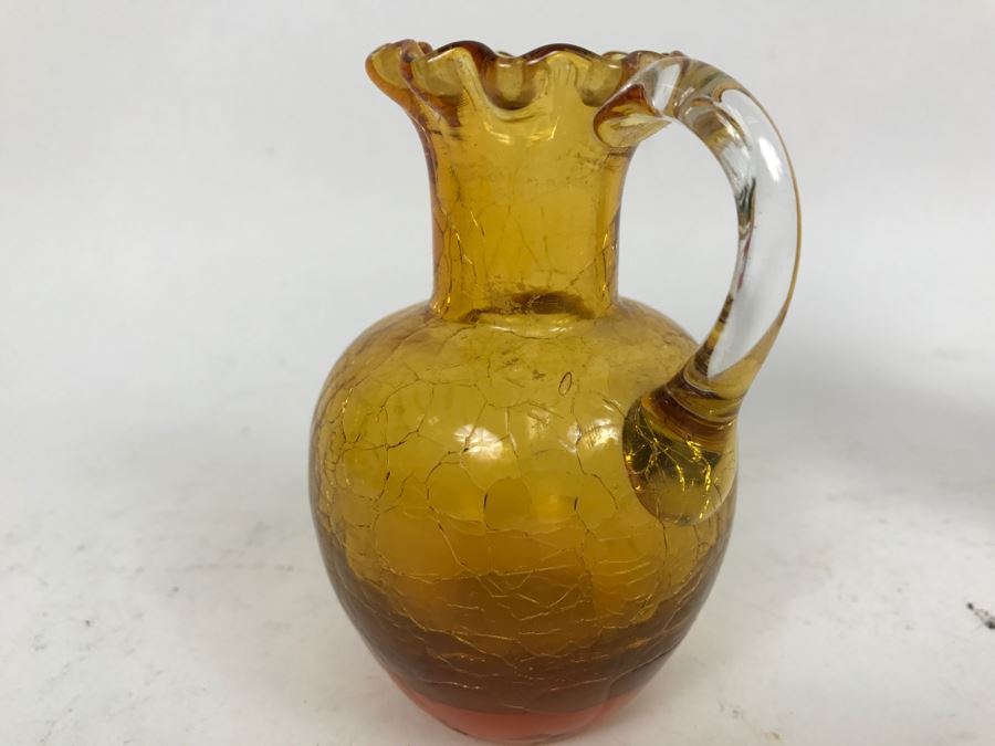 Small Amber Crackle Glass Pitcher With Fluted Rim Art Glass Possibly Japanese [Photo 4]