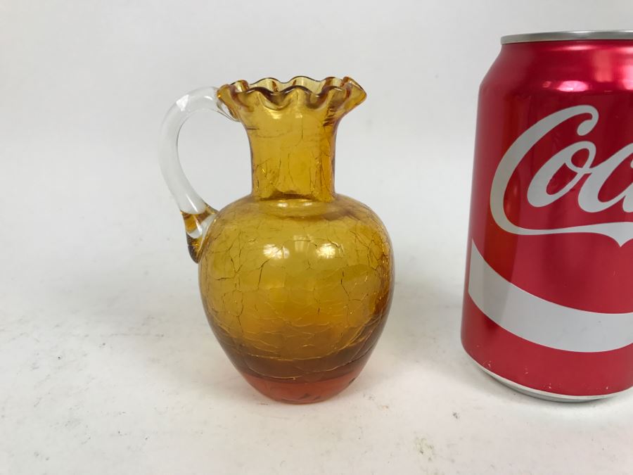 Small Amber Crackle Glass Pitcher With Fluted Rim Art Glass Possibly Japanese