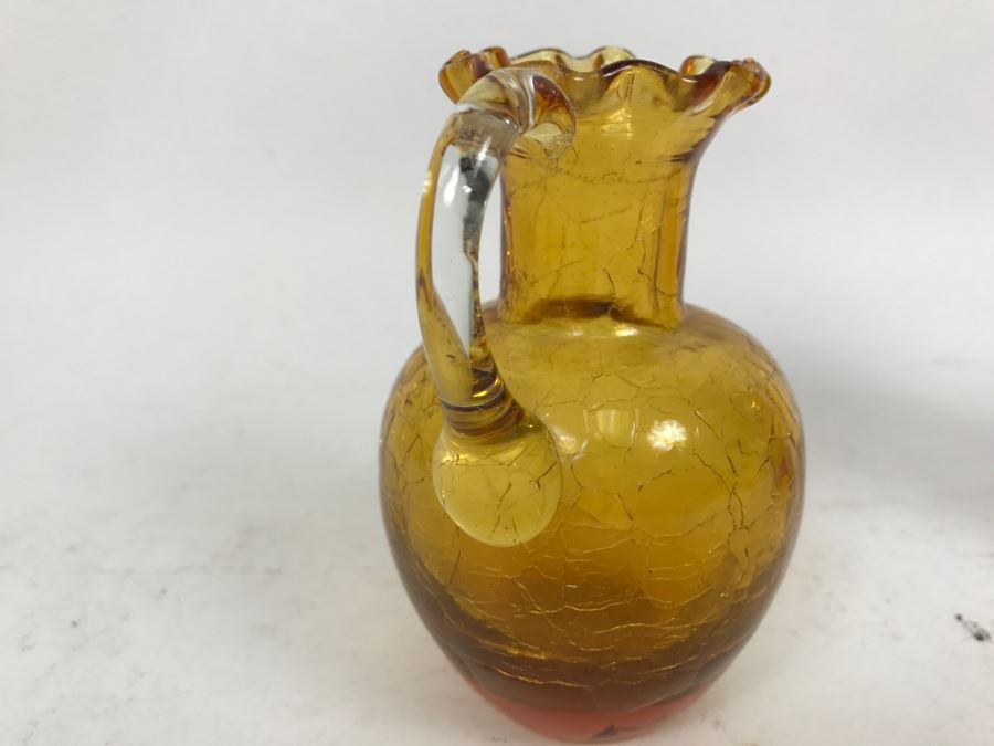 Small Amber Crackle Glass Pitcher With Fluted Rim Art Glass Possibly Japanese [Photo 3]