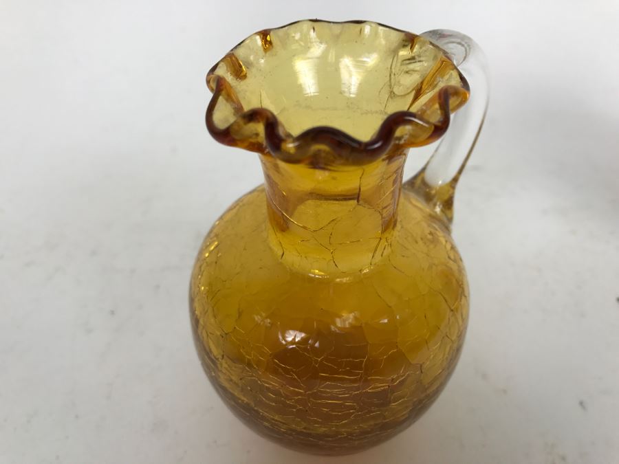 Small Amber Crackle Glass Pitcher With Fluted Rim Art Glass Possibly Japanese [Photo 6]