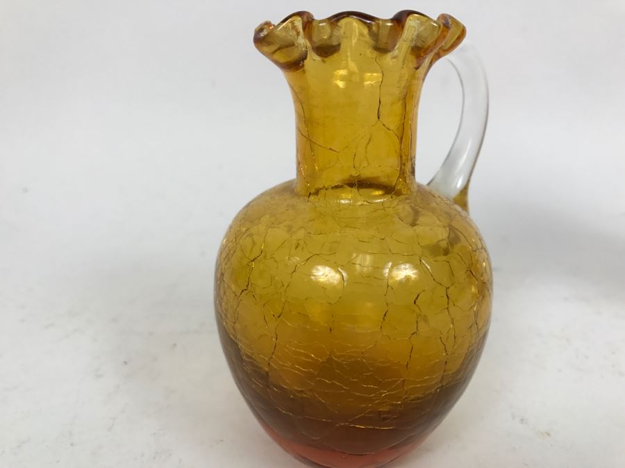 Small Amber Crackle Glass Pitcher With Fluted Rim Art Glass Possibly Japanese [Photo 5]