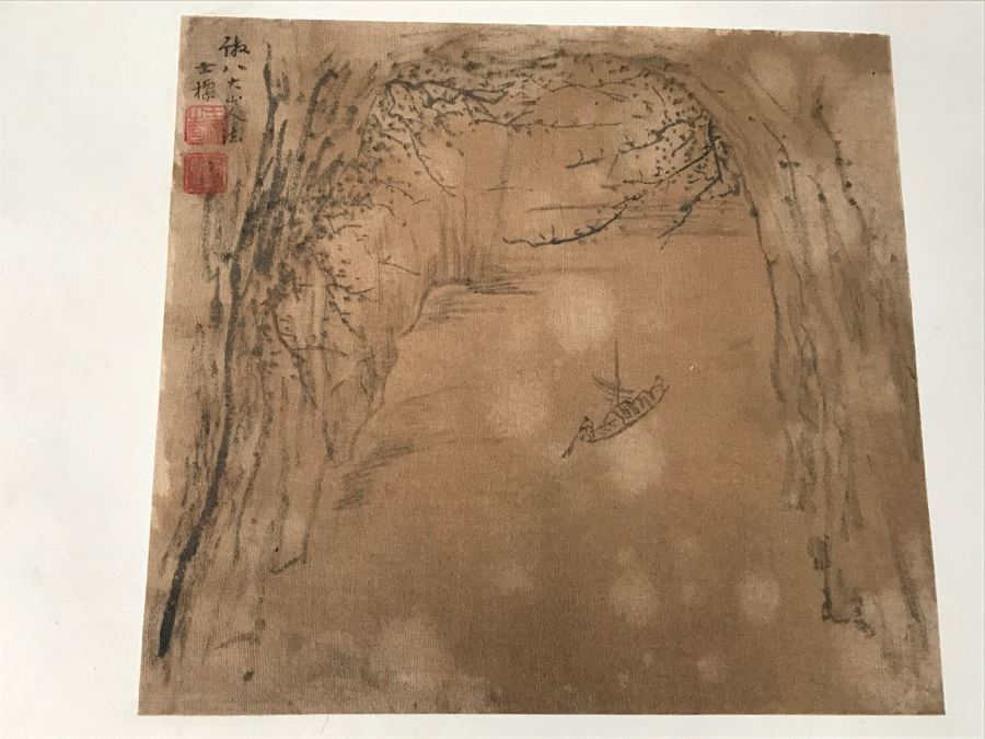 HUGE Collection Of 10 ORIGINAL Chinese Paintings In Embroidered Silk Album Stored Within A Rosewood Presentation Box - See All Photos [Photo 9]