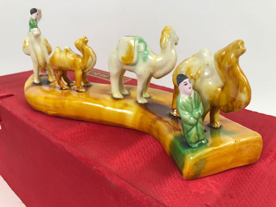 Asian Glazed Figurine Depicting Caravan Of Camels With Box