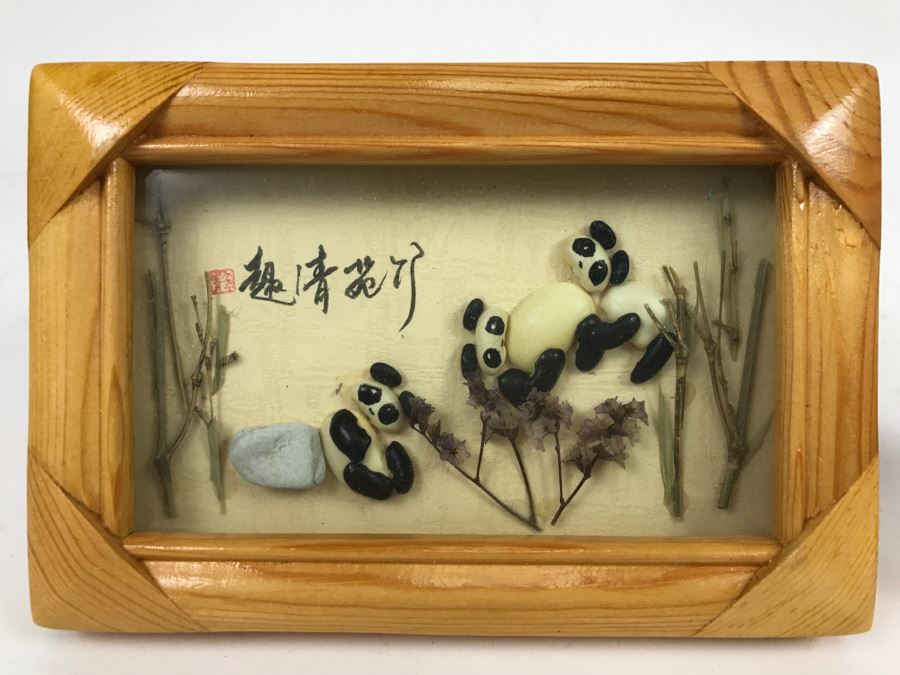 Signed Asian Artwork Of Pandas In Shadow Box Frame