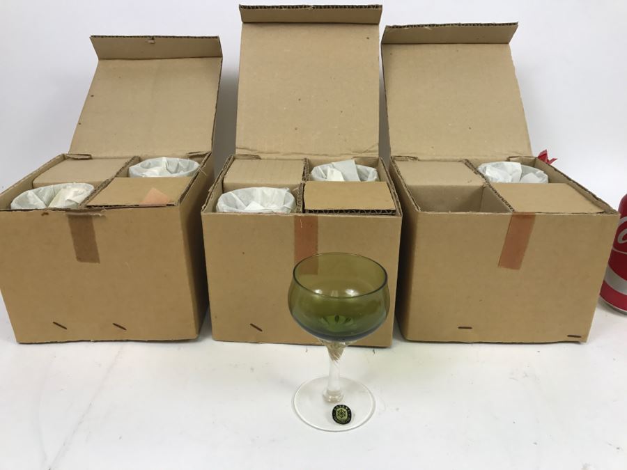 Huge Collection Of New In Box SASAKI Hand Crafted Japanese Green Art Glass Stemware And Glassware ~ 16 Boxes ~ 73 Glasses  - See All Photos [Photo 7]