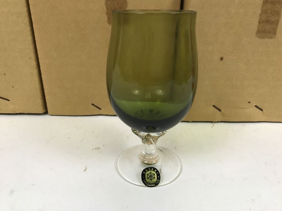 Huge Collection Of New In Box SASAKI Hand Crafted Japanese Green Art Glass Stemware And Glassware ~ 16 Boxes ~ 73 Glasses  - See All Photos [Photo 37]