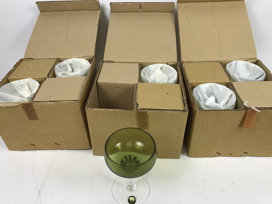 Huge Collection Of New In Box SASAKI Hand Crafted Japanese Green Art Glass Stemware And Glassware ~ 16 Boxes ~ 73 Glasses  - See All Photos [Photo 12]