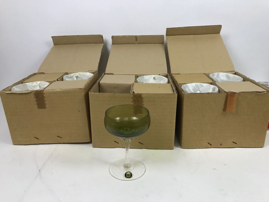 Huge Collection Of New In Box SASAKI Hand Crafted Japanese Green Art Glass Stemware And Glassware ~ 16 Boxes ~ 73 Glasses  - See All Photos [Photo 2]